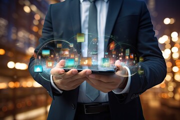 Poster - Close up of a businessman holding a smartphone with a network interface in the background, Businessman on blurred background holding 3D rendering mobile applications in his hand, AI Generated