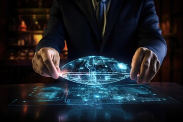 Poster - Businessman working on virtual screen with global connection concept. Mixed media, Businessman using digital tablet with hologram screen. 3D rendering, AI Generated