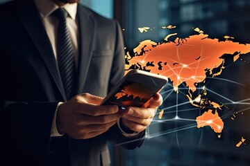 Poster - Businessman using mobile phone and world map on the background. 3d rendering, Businessman working with mobile phone and world map on virtual screen, AI Generated