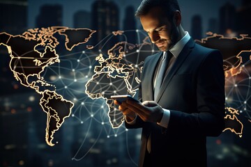 Poster - business, people and technology concept - businessman with smartphone over world map background, Businessman working with mobile phone and world map on virtual screen, AI Generated