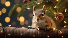 A Comical Scene Featuring A Squirrel Peeking Out From Behind A Festive Christmas Tree, Adorned With Twinkling Lights And Ornaments. Its Curious Pose Brings A Touch Of Holiday Cheer To The Image. 