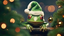 Fairy Tale. A Heartwarming Scene Featuring A Frog Playfully Peeking Out From Behind A Beautifully Decorated Christmas Tree, Its Curious Pose And Festive Backdrop With Copy Space. 