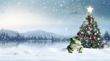 A Whimsical Image Of A Frog Peeking Out From Behind A Lily Pad-decorated Christmas Tree, Set Against A Snowy Landscape. Its Curious Pose And Festive Backdrop Create A Charming Christmas Scene. 