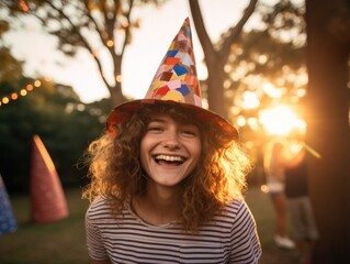 Canvas Print - A woman wearing a party hat and smiling. Generative AI.