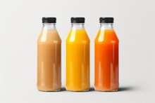 Three Bottles Of Natural Vegetable Or Fruit Juices With Black Caps Without Labels Isolated On A White Background.generative Ai

