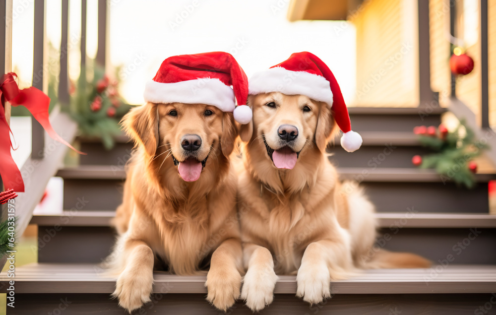 Two funny golden retriever dogs wearing Santa hats in front of ...