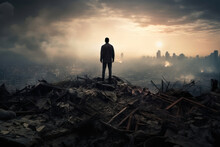 Silhouette Of A Man Overlooking A Destroyed Post Apocalyptic City Skyline. Pile Of Rubble.