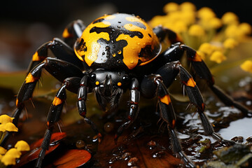 Wall Mural - a yellow and orange spider sitting on his web Generative AI technology.