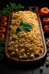 Poster - a wooden board with pasta and a rolling pin, Generative AI technology.