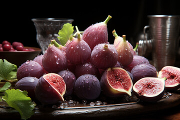Aufkleber - sliced purple figs next to leaves on a dark background,  Generative AI technology.