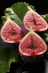 Aufkleber - three sliced purple figs next to green leaves,  Generative AI technology.