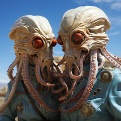 Poster - two octopus heads with heads and arms are shaped like a woman, Generative AI technology.