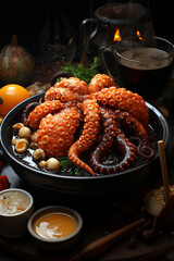 Poster - a coiled octopus in a black pot,  Generative AI technology.