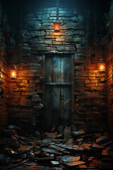 Fototapete - dark brick wall in the dark no light  Generative AI technology.