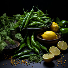 Poster - green pepper and yellow chilies with a knife on a table, Generative AI technology.