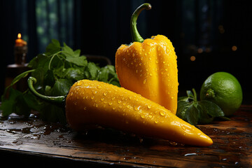 Aufkleber - cut off chili pepper sitting in a board on a wooden table,  Generative AI technology.