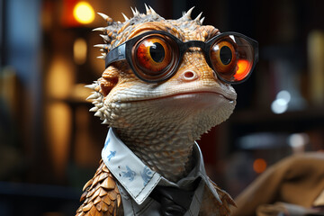Poster - a cartoon lizard wearing a white lab coat with glasses,  Generative AI technology.