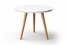 White Round Table On Three Wooden Legs Isolated On A White Background.generative Ai
