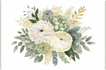 Wall Mural - Serene Watercolor Floral Bouquet: White Flowers with Green Leaves
