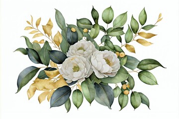 Wall Mural - Serene Watercolor Floral Bouquet: White Flowers with Green Leaves
