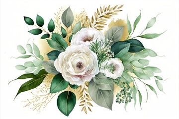 Wall Mural - Serene Watercolor Floral Bouquet: White Flowers with Green Leaves
