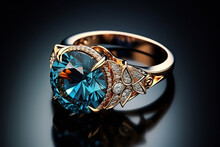 Beautiful Gold Ring With A Blue Gemstone Or Diamond On A Beautiful Background, Close-up View.generative Ai
