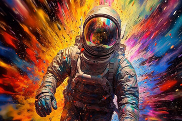 Fototapete - An abstract painting featuring a cosmonaut surrounded by a burst of rainbow-colored cosmic energy, capturing the essence of exploration. Generative AI technology.