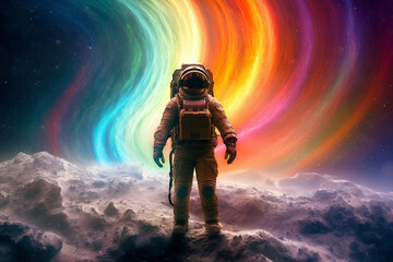 Poster - A mesmerizing digital composition featuring a cosmonaut standing on a moonlit surface, with a vivid rainbow-colored aurora illuminating the sky. Generative AI technology.