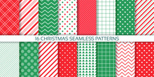 Xmas Pattern. Christmas Background. Seamless Prints With Candy Cane Stripes, Zig Zag, Triangle, Polka Dot, Plaid. Set New Year Textures. Festive Wrapping Paper. Red Green Backdrop. Vector Illustration