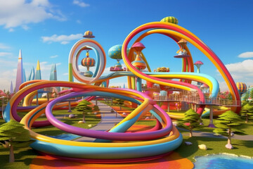 Fototapete - a whimsical and playful depiction of a rainbow bridge with curving lines and imaginative shapes. gen