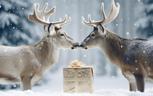 Two Reindeers, Noses Touching, Snowy Background, Golden Gift With A Beautiful Bow. Heartwarming Scene Of Christmas Delight.