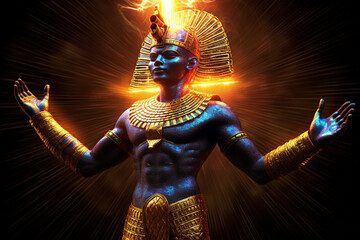 Poster - Sun God's Radiance: A vibrant depiction of an abstract Egyptian God associated with the sun. The image showcases brilliant hues and rays of light emanating from the deity. Generative AI technology.