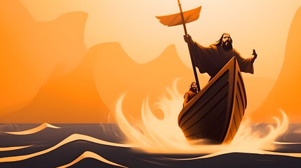 Wall Mural - Jesus Christ on the boat calms the storm at sea.