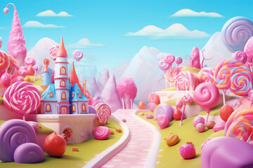 Wall Mural - Colorful pastel candy landscape. pink castle or palace in the land of sweets. road among sweets and lollipops