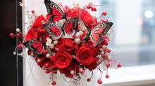 Butterfly Red Colorful Bouquet Background. Romantic Beautiful Floral Butterflies And Flowers Design. AI Illustration For Wedding Invitation Card.