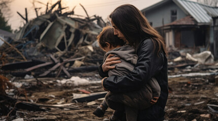 Poverty and poorness on the children face. Sad little kid. Refugee. City destroyed by bombs or earthquake