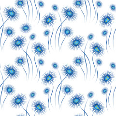 Wall Mural - Blue abstract dandelions on a white background. Floral seamless pattern