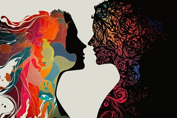 Wall Mural - Silhouette of a woman and a man in profile on a floral background