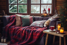 Cozy Living Room In Winter Season With Warm Plaid On Sofa Coffee Table. Place For Relax. Stylish Interior For Comfortable Life