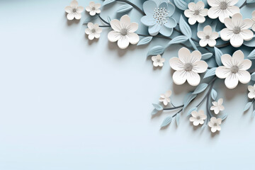 Wall Mural - Soft paper cut flowers on light blue empty background with copy space mockup. Origami art wedding design illustration