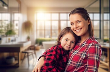 Canvas Print - happy young family, a parent with kid at home, AI generated image