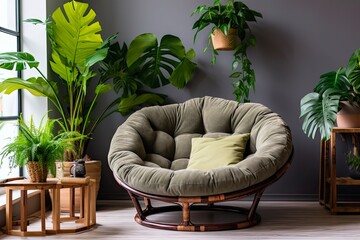 Wall Mural - Tropical Houseplants in a Cozy Lounge. Exotic Greenery and Lush Leaves on Vibrant Background for Relaxation and Fresh Interior Design