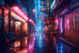Fototapeta Londyn - City alleyway with neon lights. Night view of a quiet street. Generative AI
