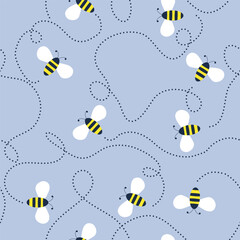 Bees seamless pattern background. Vector cute cartoon yellow honey concept for print on paper, fabric, wallpaper, cover.