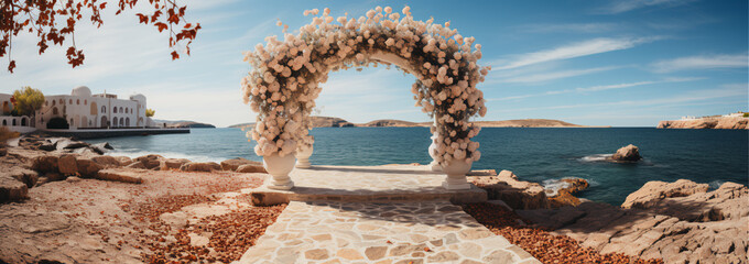 Wall Mural - A white bright sunny wedding ceremony with arch in nature Ibiza 