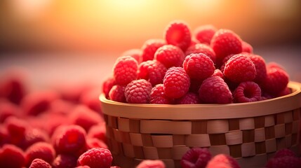 Wall Mural - Close up raspberries in a basket. Organic blurred summer background with sunlight and copy space.