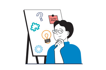 Poster - Brainstorming concept with people scene in flat web design. Man creates mind map with ideas, answering question for finding solutions. Vector illustration for social media banner, marketing material.