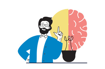 Poster - brainstorming concept with people scene in flat web design. man thinks and gets inspiration for crea