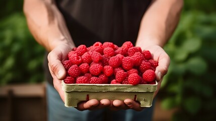 Wall Mural - Raspberries in hands, a farmer holding berries.