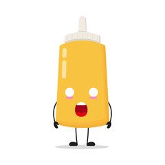 Sticker - Cute shocked mustard sauce bottle character. Funny food cartoon emoticon in flat style. mayonnaise bottle emoji vector illustration